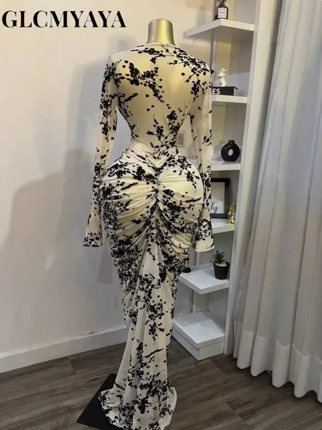 CM.YAYA Women Long Sleeve Stacked Mesh See Though with Lining Bodycon Long Dress 2025 Autumn Evening Birthday Sexy Party Dresses — image 3