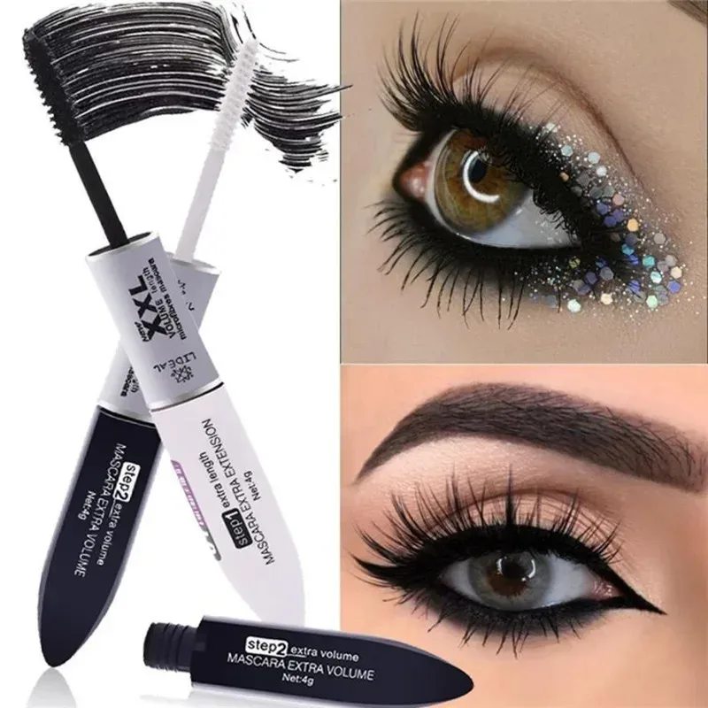 Ultra Black Double-Ended Mascara Fiber Lengthening And Volumizing Long-Lasting Eye Makeup with Black And White Brush Heads