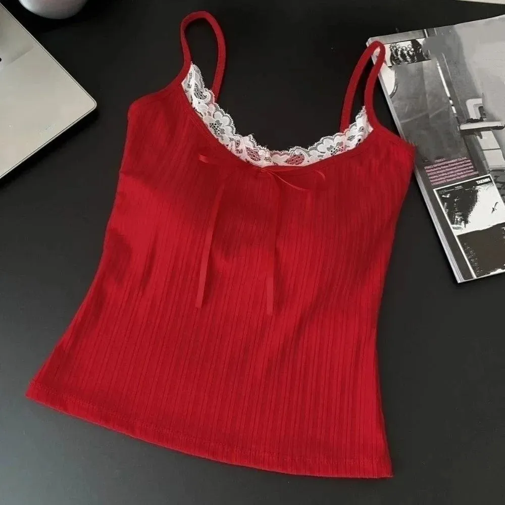 Waist-cinching Sleeveless Slim Lace Crop Top Y2k Solid Color Camisole with Pads Bottoming Shirt Sweet Lace Patchwork Vest Lady — image 11