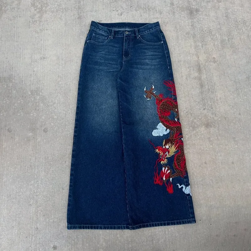 Y2K Baggy Jeans Dragon Graffiti Embroidery High Waist Men Women Vintage Streetwear 2000s Harajuku Casual Loose Wide Leg Jeans — image 8
