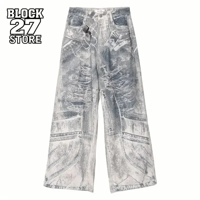Mens Jeans Harajuku Y2K Streetwear Gothic Print Baggy Wide Leg Denim Pants Vintage Washed Straight Fit Grunge Punk Fashion Trend