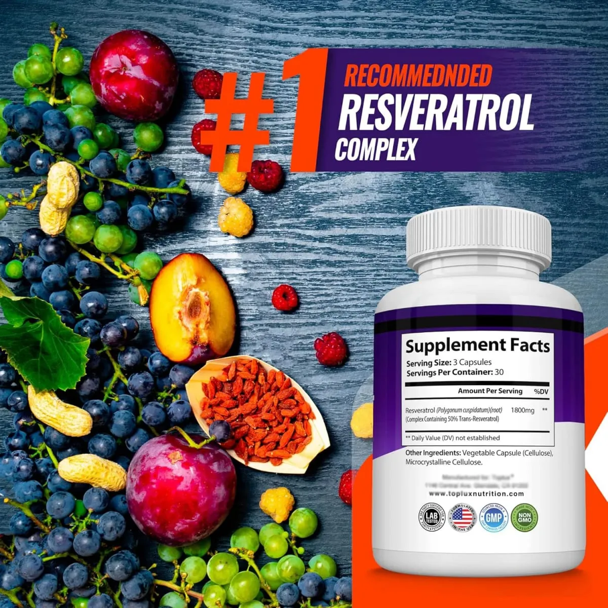 Resveratrol Complex Supplement 1800mg Antioxidant Pills for Healthy Aging Overall Health Immune System Brain Function 90 Caps