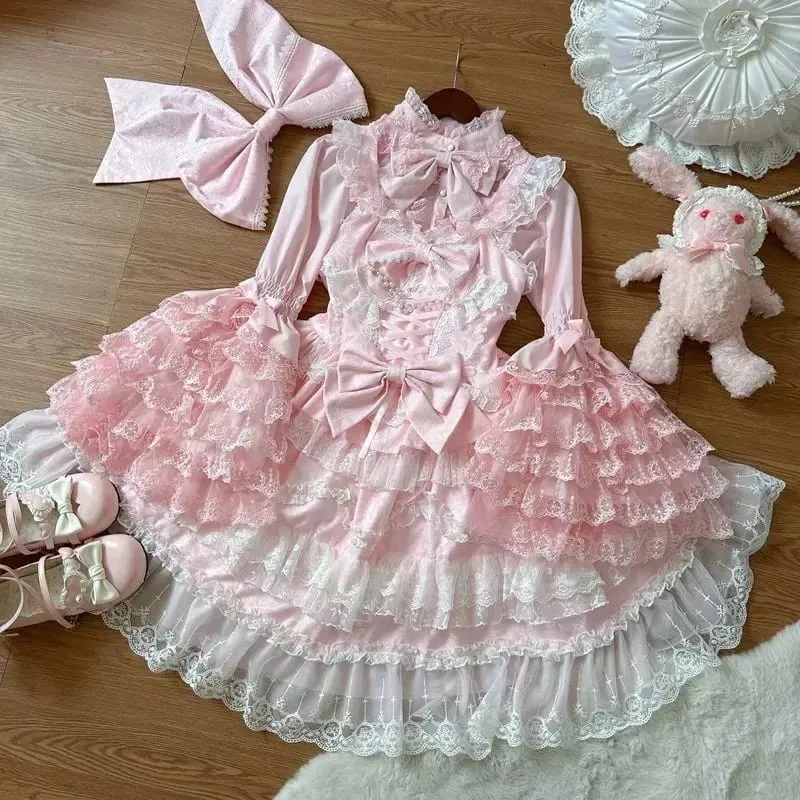 Lolita Kawaii Y2k Long Sleeve Strap Dress Japanese Knee-Length Women Elegant Lace Bow Patchwork Ball Gown Sweet All Season — image 4