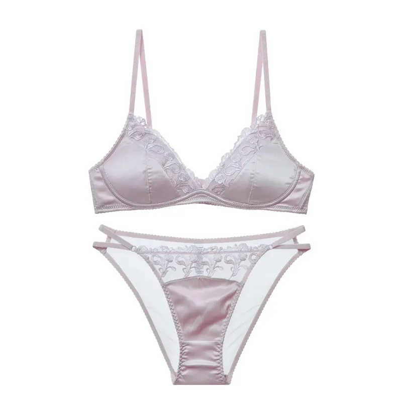 French Style Lingerie Set for Women Thin Non-Wired Triangle Cup Bra Lace & Embroidery Design