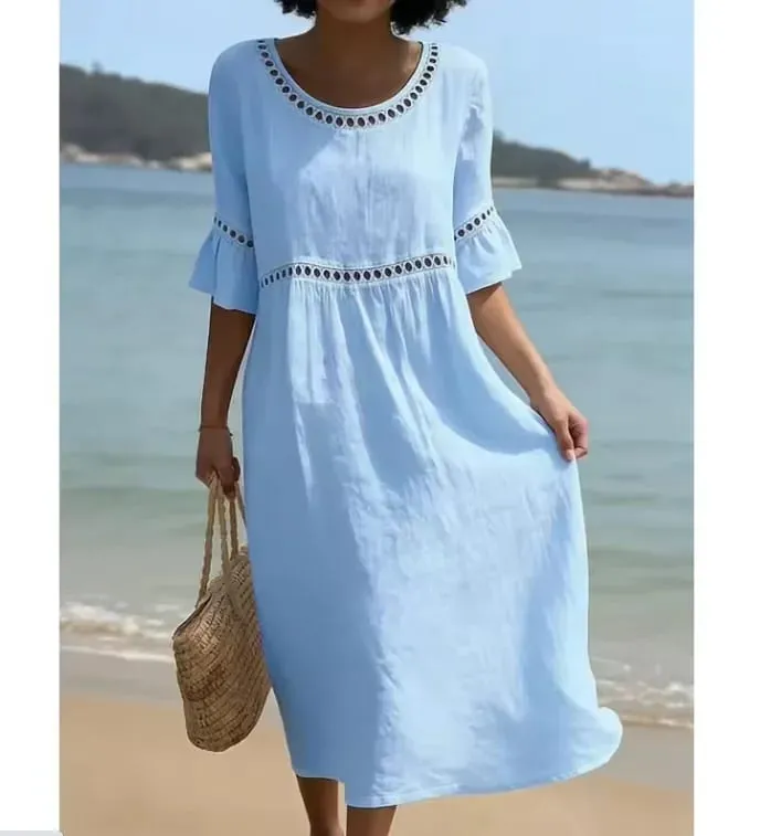 Hollow-out Solid Cotton Linen A-Line Dress Woman O Neck High Waist Loose Dresses Summer Flare Sleeve Beach Vacation Dress — image 5
