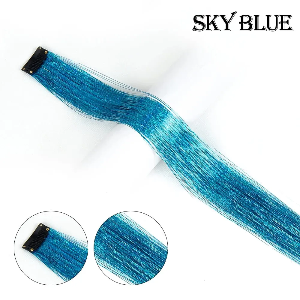 Straight Rainbow Colored Party Highlights Clip On In Hair Extensions Bling Hair Piece Synthetic Hairpieces Sparkling Tinsel Red — image 12