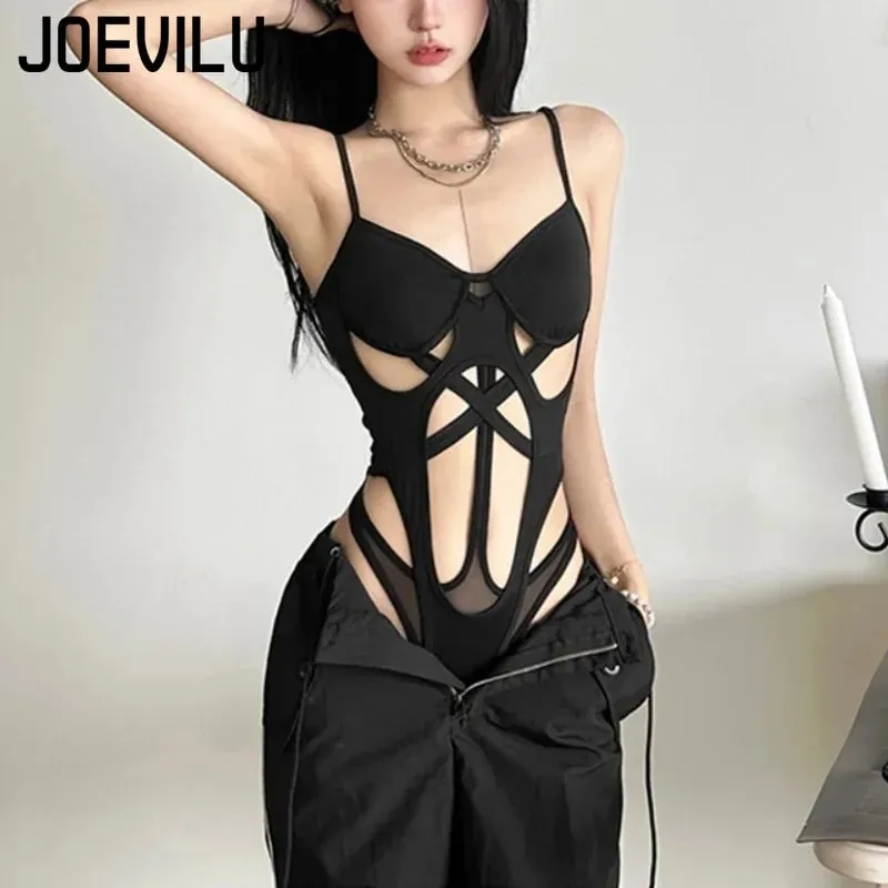 Y2K Black Bodysuit Women Hollow Out Sexy Sleeveless Tops Spaghetti Strap Streetwear Bodycon Jumpsuit Festival Aesthetic Clothes — image 5