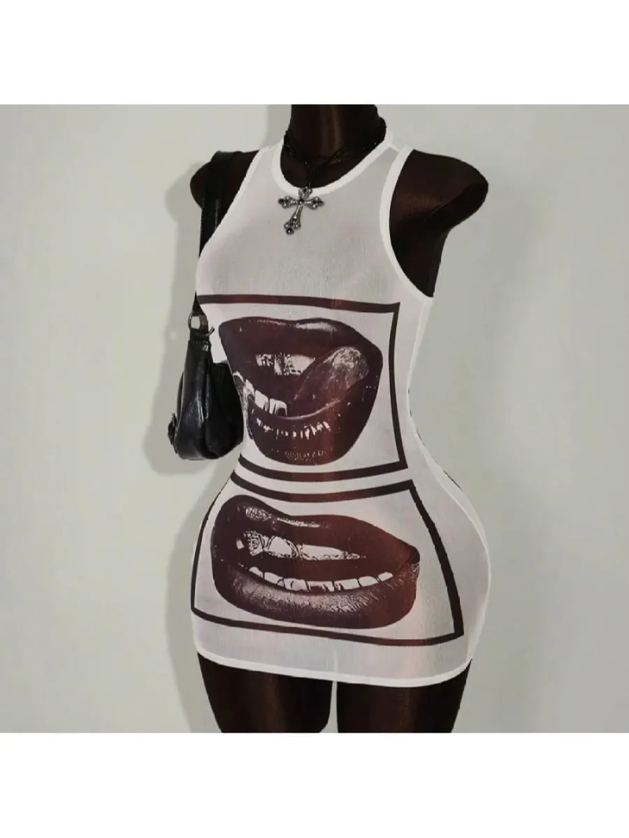 2026 New y2k Summer Lips Printed Sleeveless Bag Hip Round Neck Sleeveless Dress Punk Street Trend Fashion Personality Spicy Girl — image 2