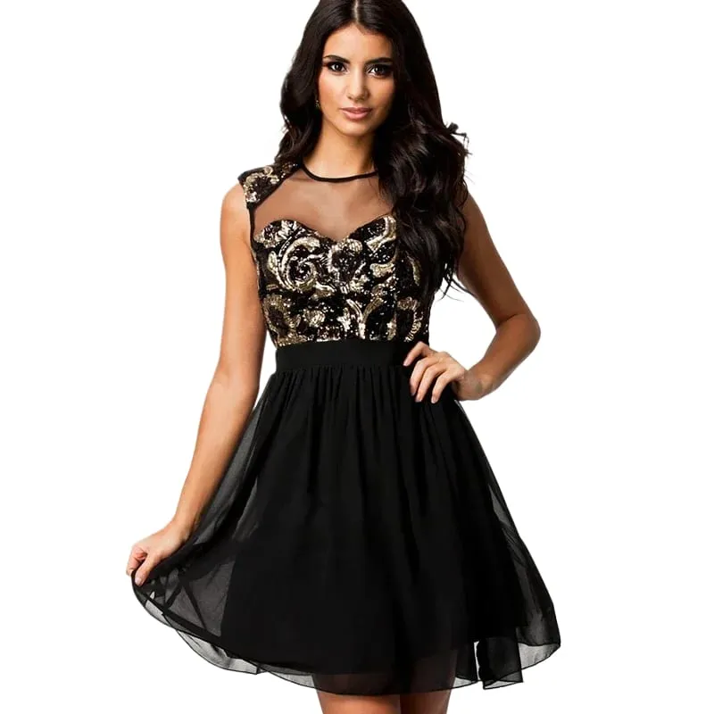 Elegant Vintage Black Mesh Insert Skater Dress Sexy Peplum Dress New Fashion Summer Dress Women Casual Chiffon Dress