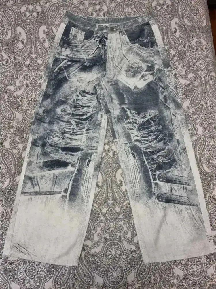 Mens Jeans Harajuku Y2K Streetwear Gothic Print Baggy Wide Leg Denim Pants Vintage Washed Straight Fit Grunge Punk Fashion Trend — image 2