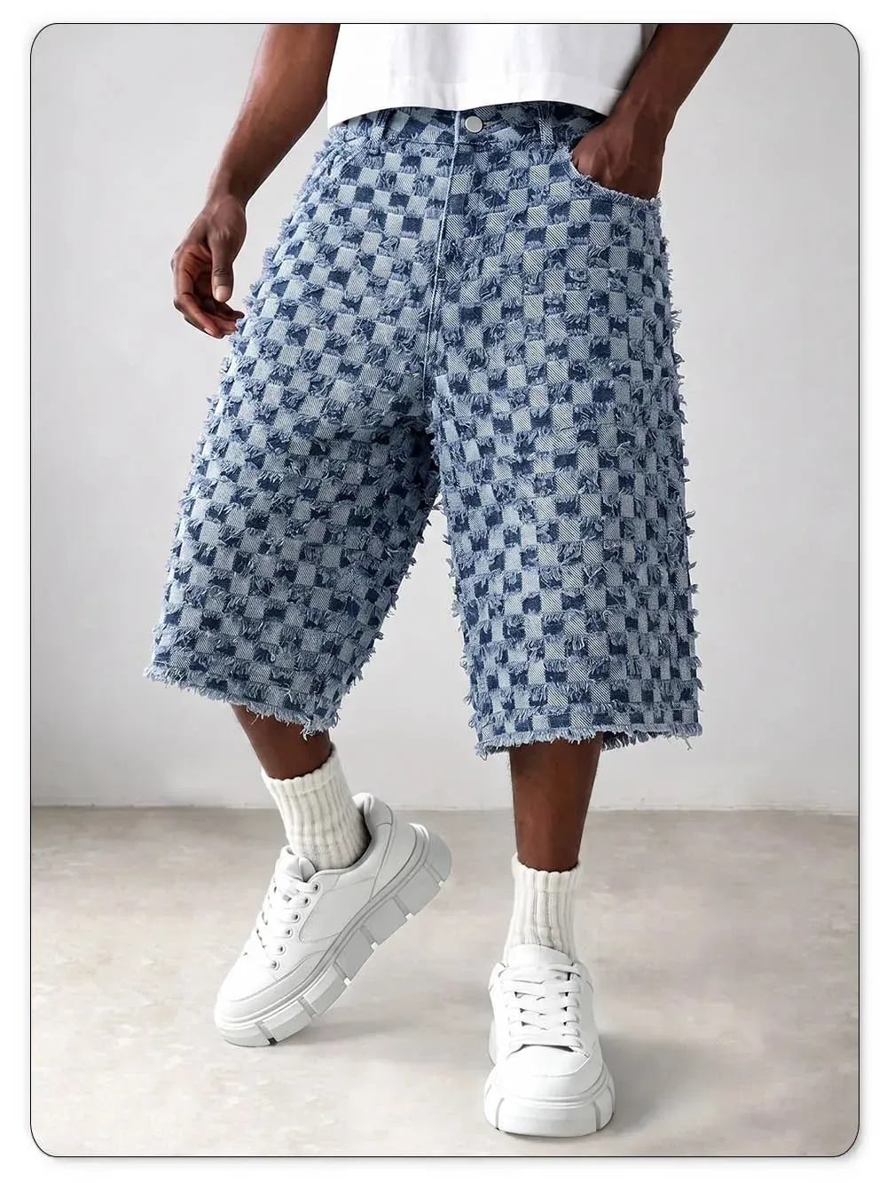Men Fringe Checkerboard Jacquard Jean Shorts Casual Loose Wide Leg Raw Hem Knee Length Shorts Summer Bermuda Jeans — image 5