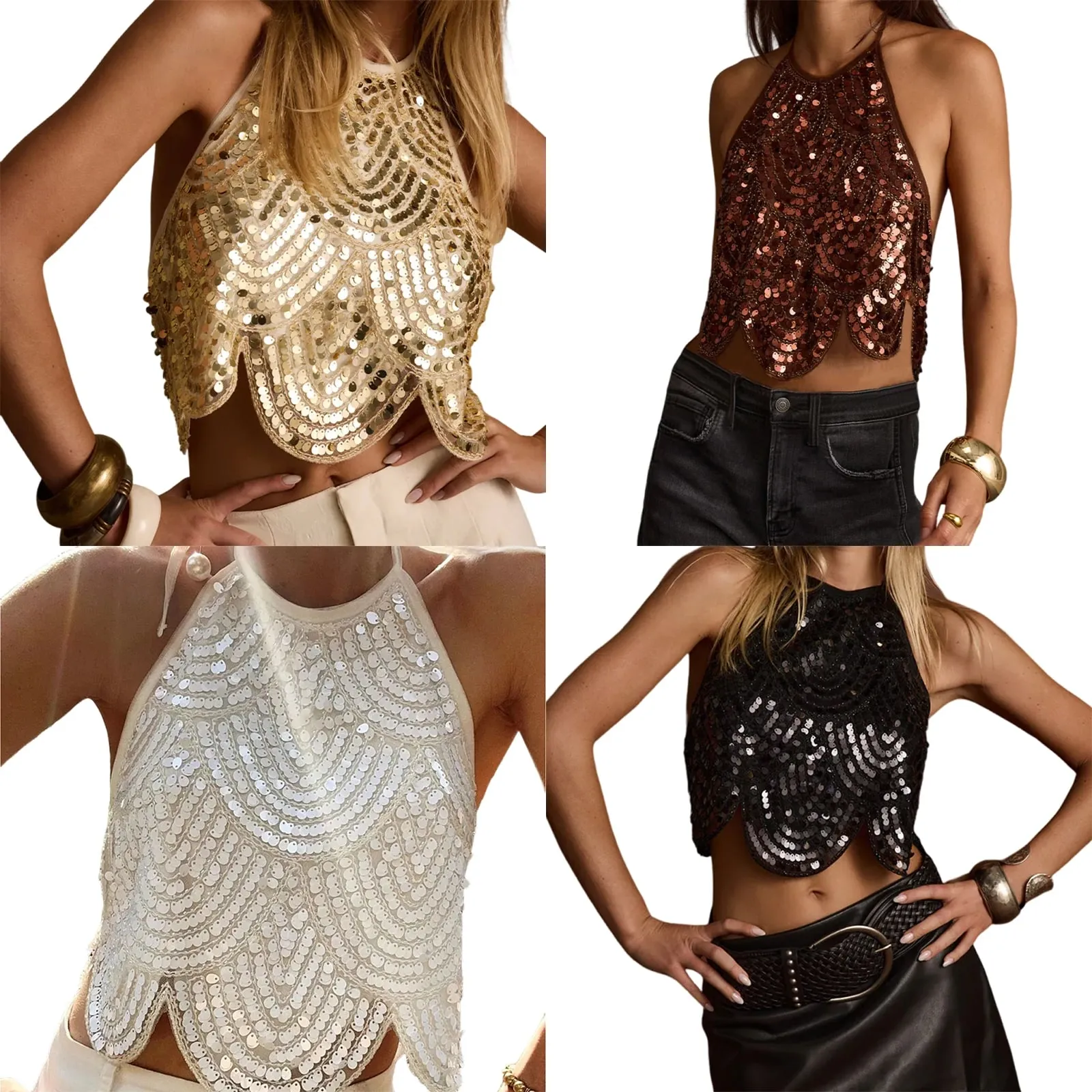 Canotta sexy da donna con paillettes allacciata alla caviglia, allacciatura senza schienale, top corto sexy scintillante senza maniche, top da festa con glitter Clubwear — image 3