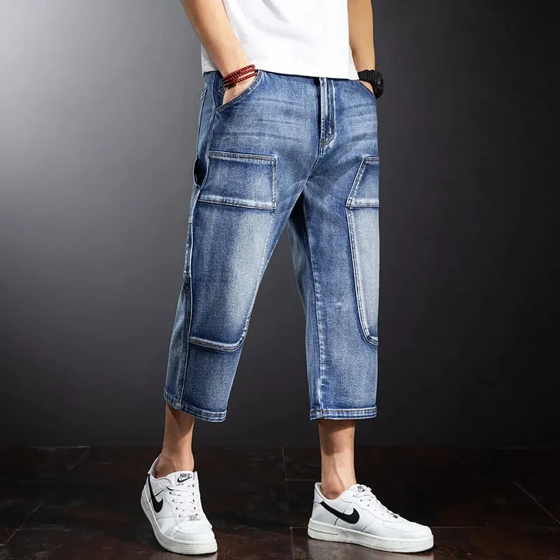 American Summer Men's Loose Denim Cropped Pants Fashionable Street Hip-hop Skateboard Workwear Ripped Jeans Plus Size Pants — image 4