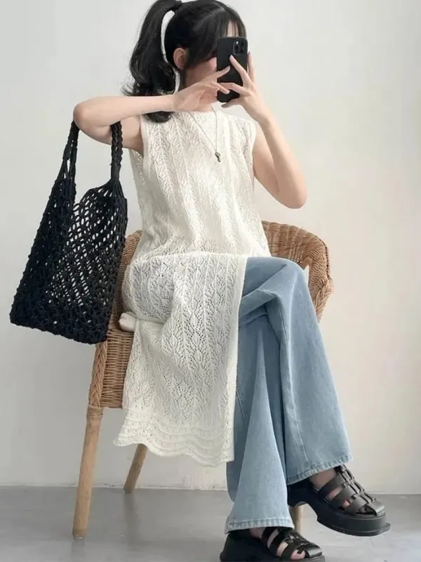 Zjaiss Women's 2026 Early Spring Japanese Retro Sweet Sweater Dresses Hollow Out Knit Irregular Long Sleeveless Vest Dress — image 5