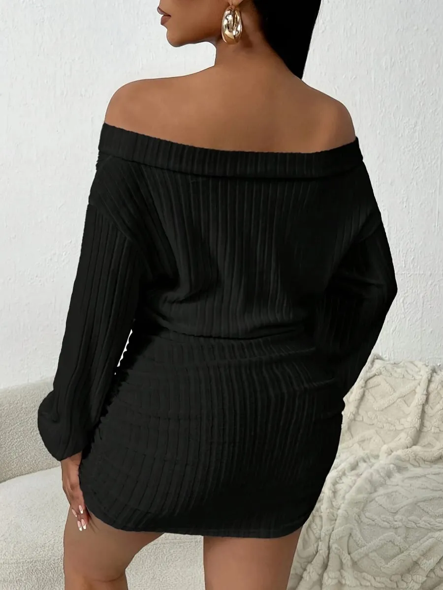 One-Shoulder Puffy Solid Color Casual Multi-Functional Long-Sleeved Knitted Dress — image 2