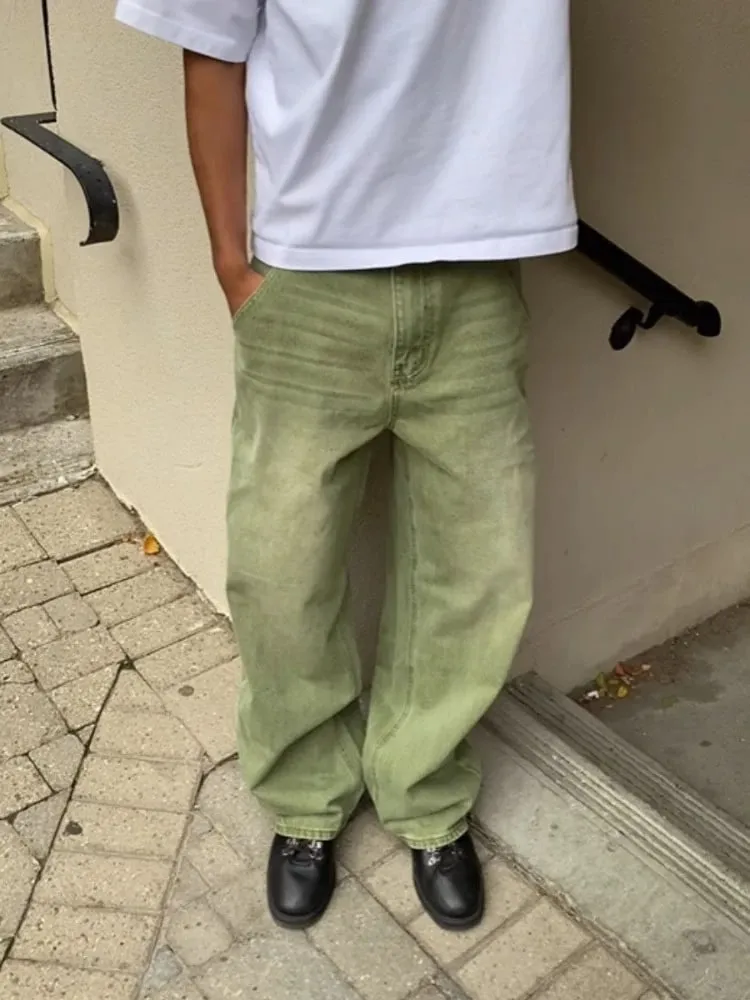 Mens Jeans Matcha Green Washed Gradient Denim Pants Harajuku Unisex Loose Fit Straight Leg Wide Leg Casual Streetwear Fashion — image 2