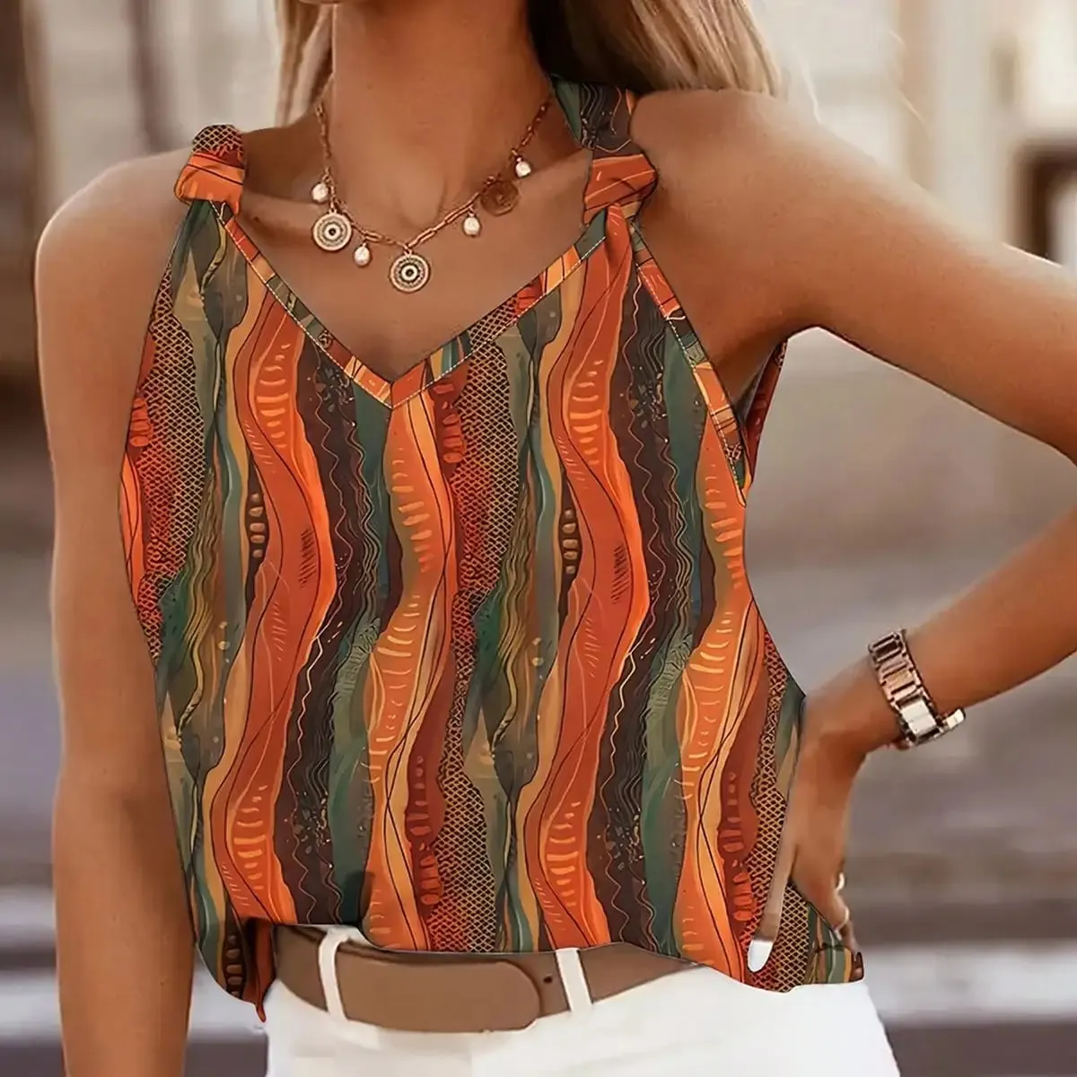 2026 Summer New Fashion Women's Sleeveless V Neck Halter Top Abstract Print Loose Fit Summer Casual Tank Top — image 5