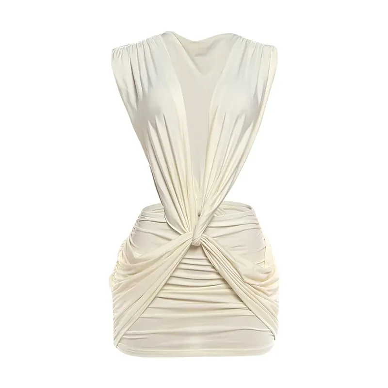 Nibber Folds Dress Wome Kink Deep v-Neck Sleeveless Solid Summer Trend Skinny Cross Waistless Stretch Beach Party Mini Bodycon — image 8