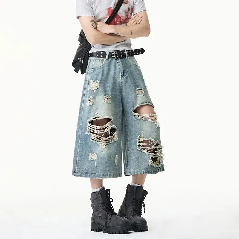 Summer Trendy Men Jeans Ripped Loose Casual Man Pants Artistic Design Cropped Long Denim Trousers