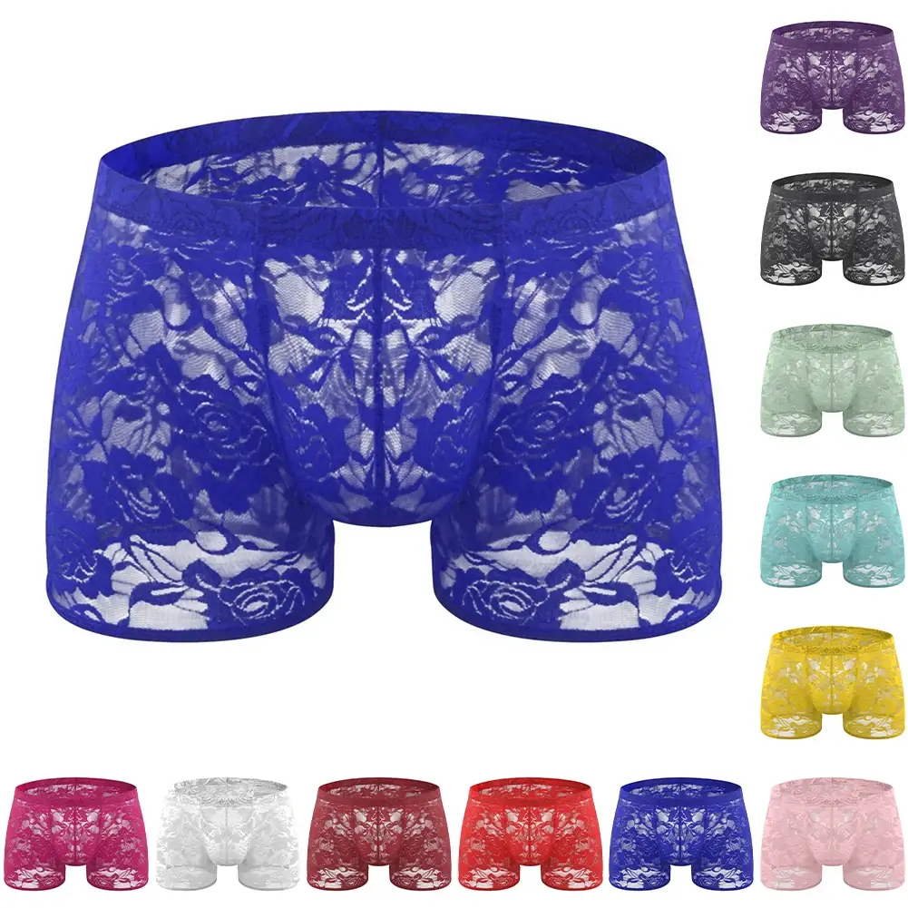 Men See Through Lace Boxer Shorts Bulge Pouch Low Waist Underwear Solid Panties Elastic Waist Breathable Transparent Underwear