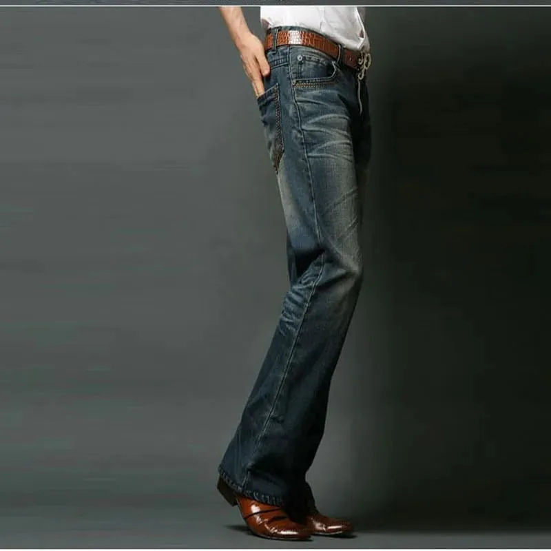 2026 New Men Micro Flare Jeans Korean Fashion Stretch Slim Denim Pants Mid Waist Washed Casual Business Trousers Black Blue — image 2