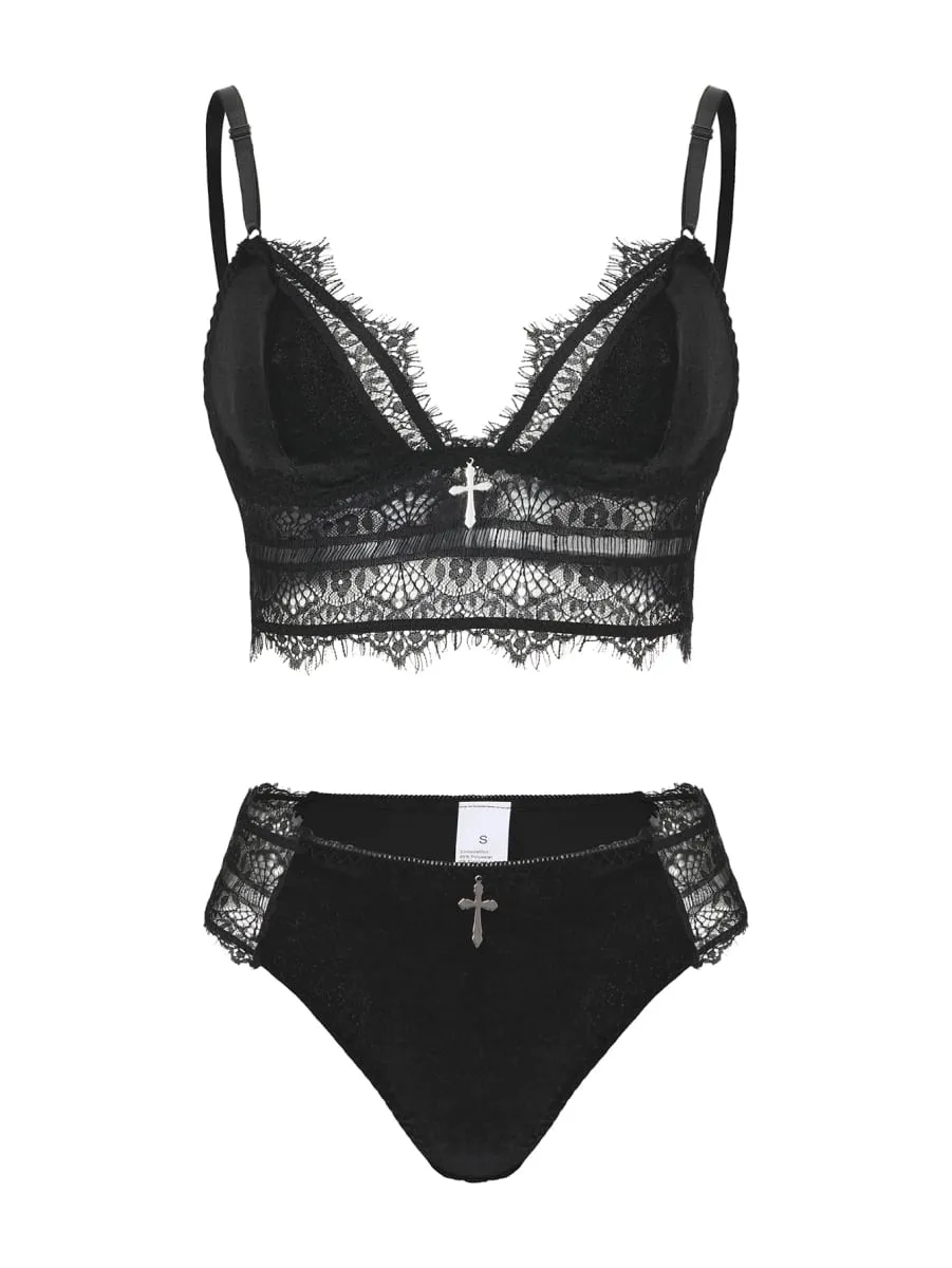 Women's Black Lace Lingerie Set Gothic Dark Style Cross Pendant Bra And Panty Set for Adult Size — image 1