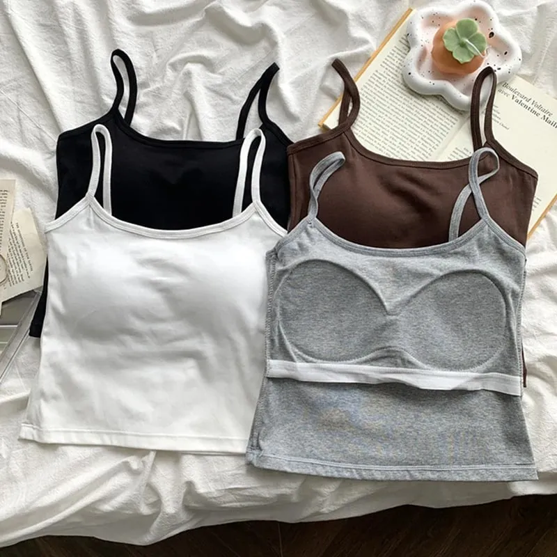 1PC Cotton Spaghetti Straps Sleeveless Slim Camisole Women Soft Breathable Vests with Chest Pad Summer Wear Outside Short Tops — image 3