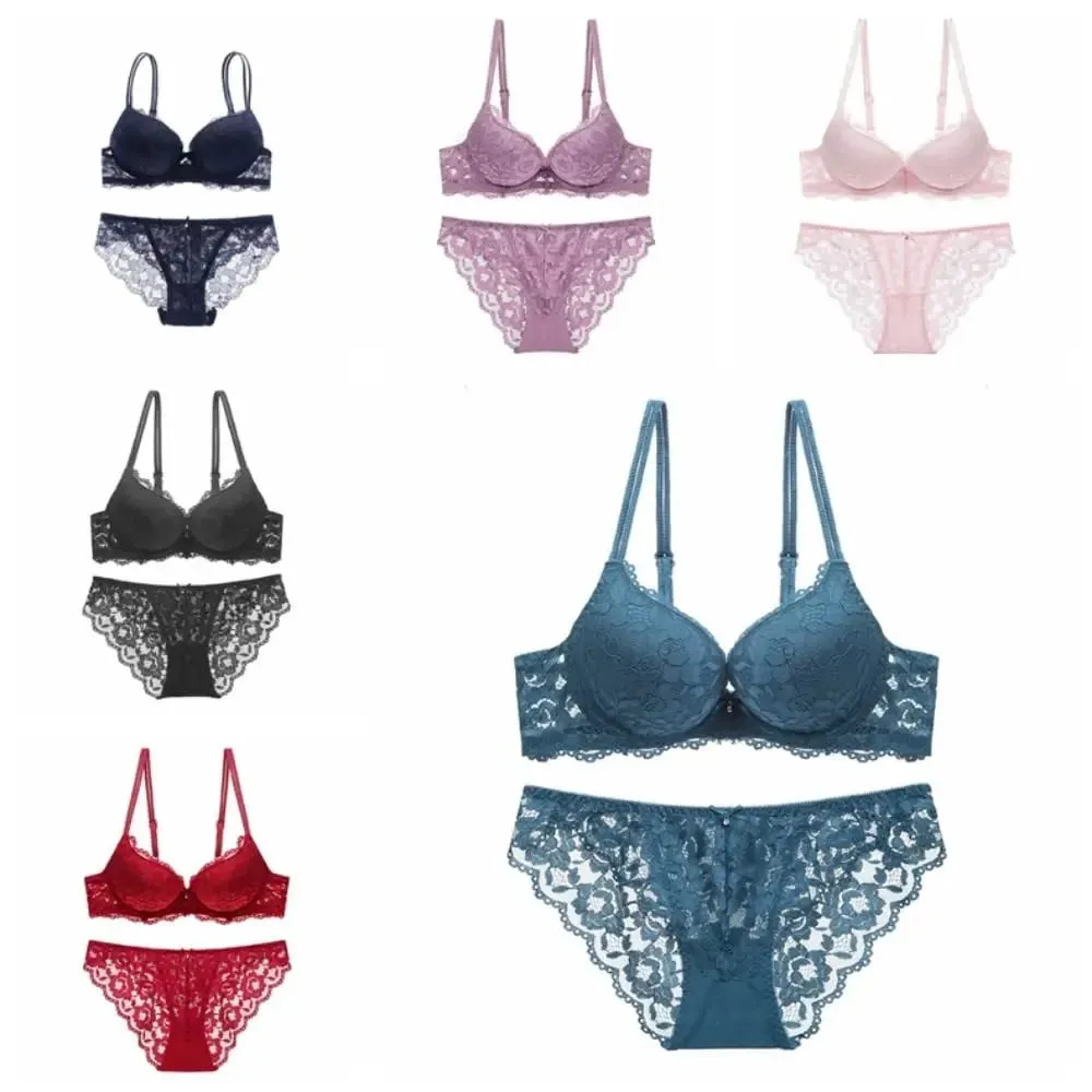 Fashion Mesh Lace Flower Bra Bowknot Non Slip Bra Panties Set Lingerie Intimates Seamless Underwear Set Summer — image 4