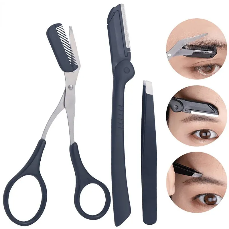 3pcs Eyebrow Trimming Tools Stainless Steel Eyebrow Tweezer Scissors with Comb Razor Makeup Tools Face Care — image 1