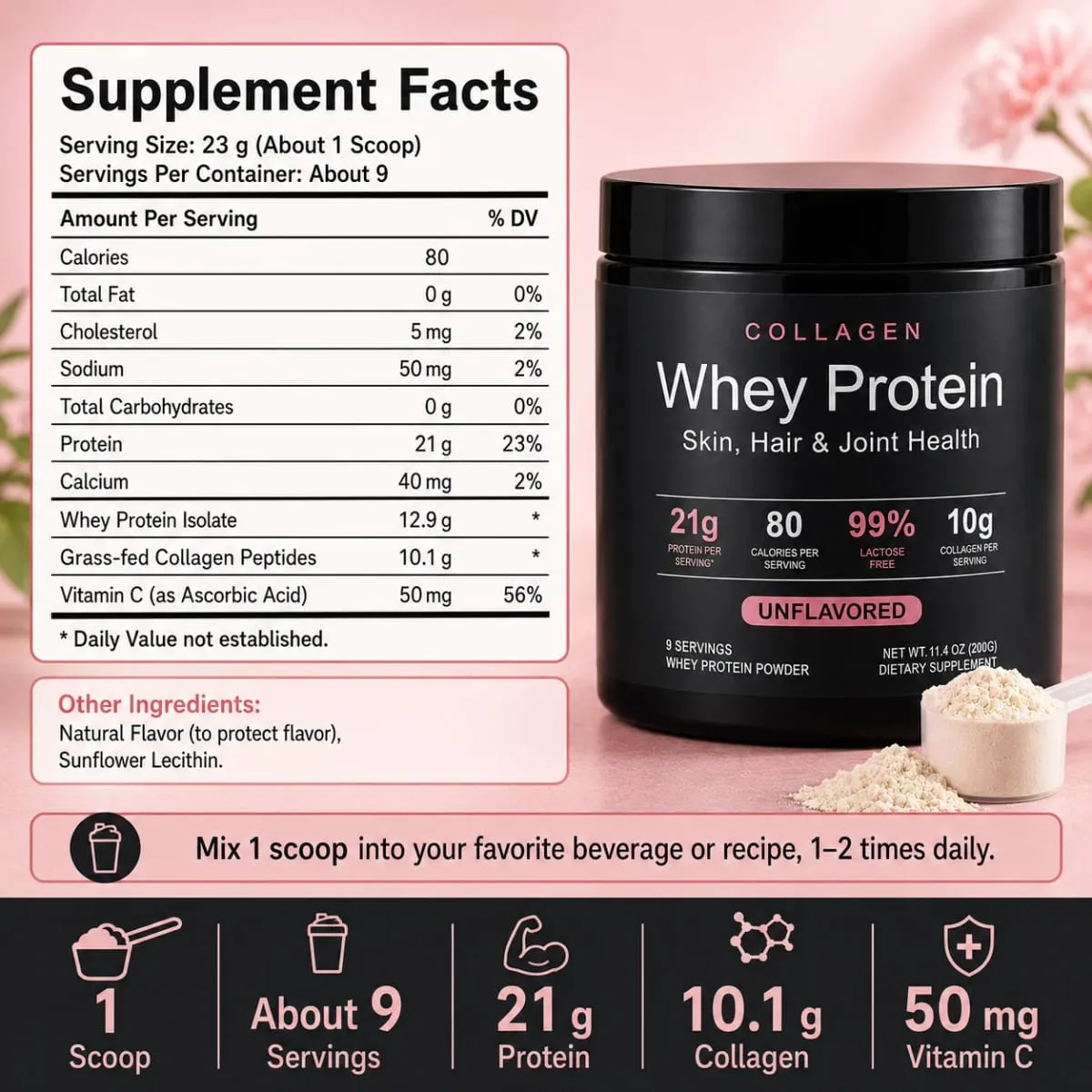 Collagen Whey Protein Powder 21g Protein 10g Collagen Peptides Unflavored 99% Lactose Free Fitness Nutrition Shake 9 Servings — image 3