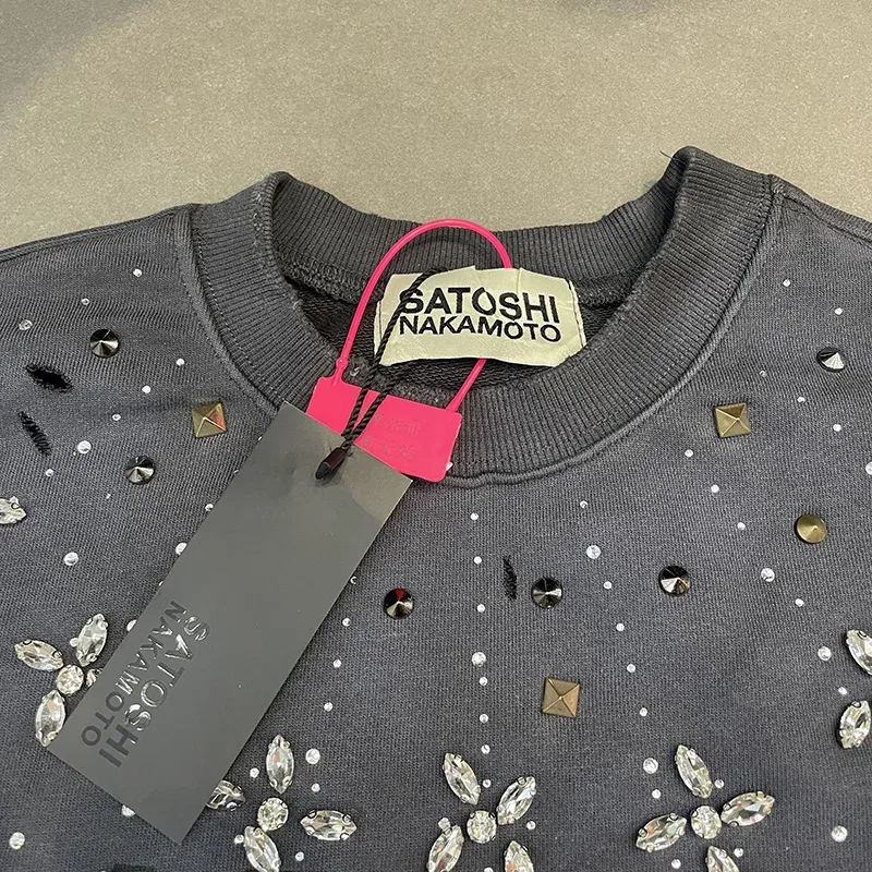 26FW Heavy Fabric Cotton Loose Rhinestone Rivet Satoshi Nakamoto Sweatshirts Men Women Vintage Charcoal Gray Green Pullovers — image 7