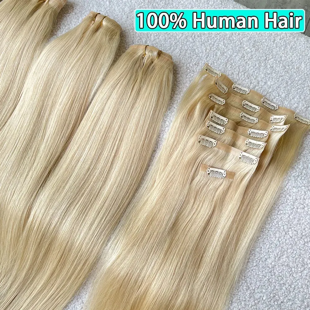 #613 Blonde Clips In Hair Extensions Human Hair Straight Natural Hair Extensions Feel Soft Hairstyle 100g/Bundles For Women — image 5