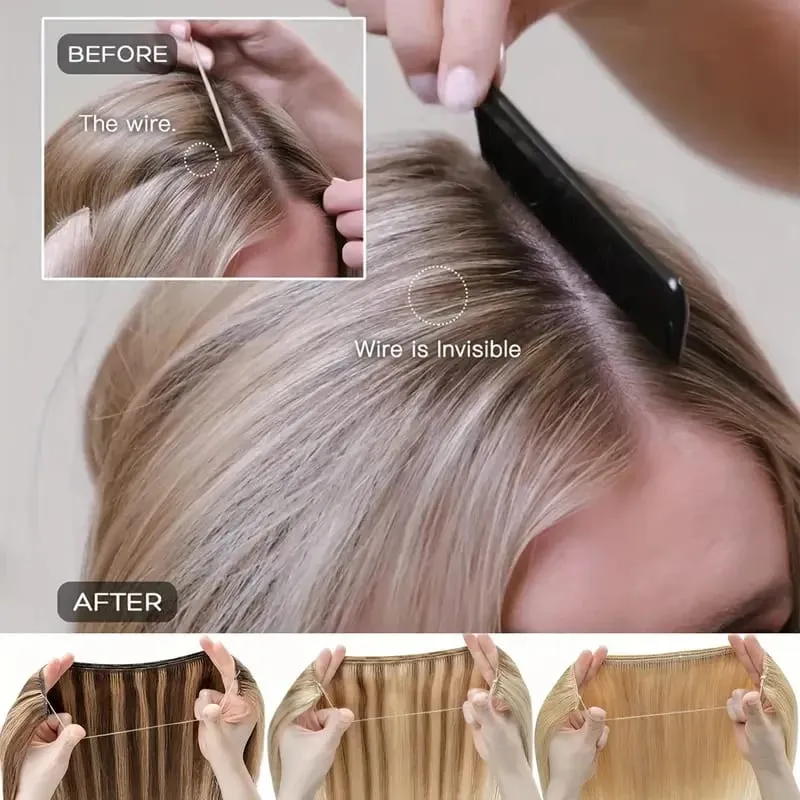 22Inch Synthetic Long Straight Fish Line Hair Extension Invisible Wire Halo Hairpiece Heat Resistant Fiber Hair for Women