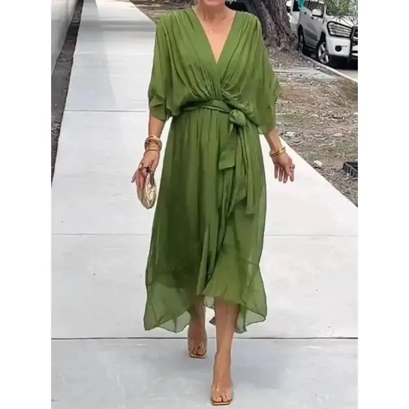Stylish Elegant Chiffon Casual Solid Lace Up Dress Women V-Neck Bat Sleeves Irregulares Midi Dresses Summer Resort Wear
