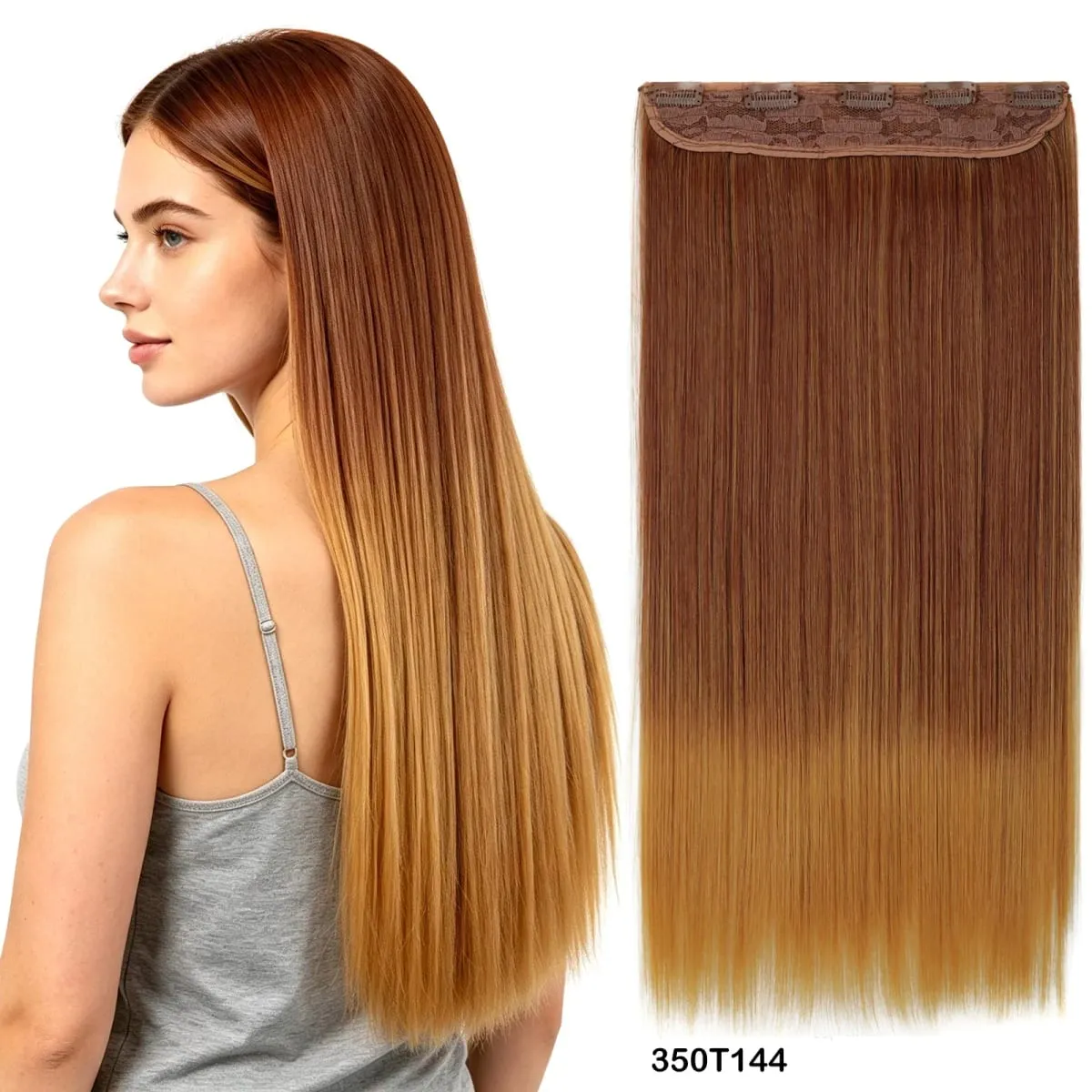 One Piece 5 Clips Long Straight Synthetic Clip In Hair Extension Ombre Gradient Color Hairpiece For Daily Party