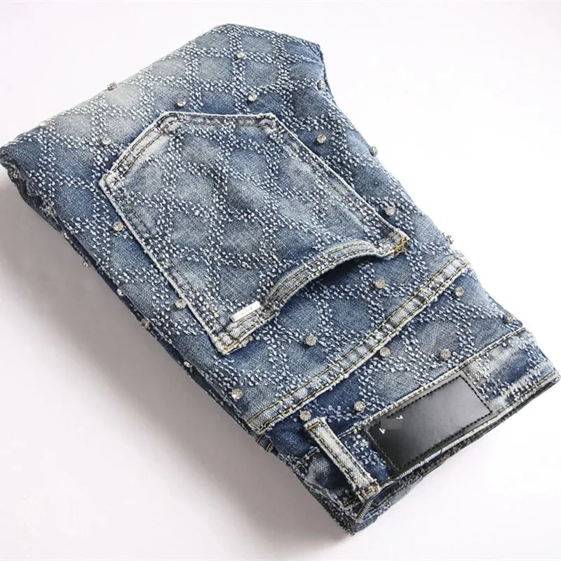 Men's Y2K Hip-hop Jeans American Retro Washed Blue Denim Pants Diamond Pattern Rivets Streetwear Slim Fit Party Male Trousers — image 4