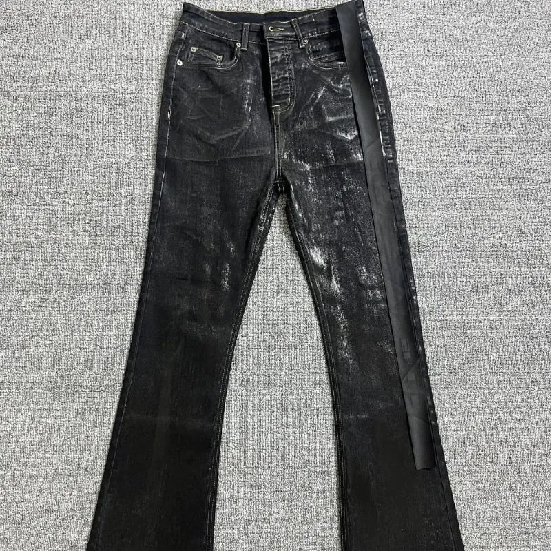 Mens Jeans Harajuku American High Street Streetwear Wax Coated Denim Pants Dark Style Micro Flared High Stretch Slim Fit Retro