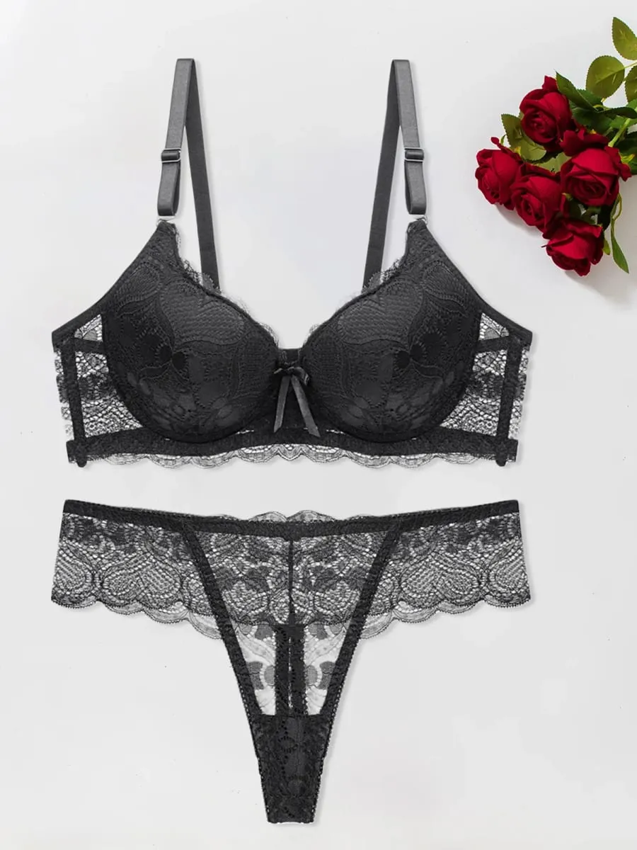 Women s Floral Lace Lingerie Set Sheer Mesh Seductive Babydoll Push up Bra and Panty 2 Pcs Set with Garter Belt — image 4