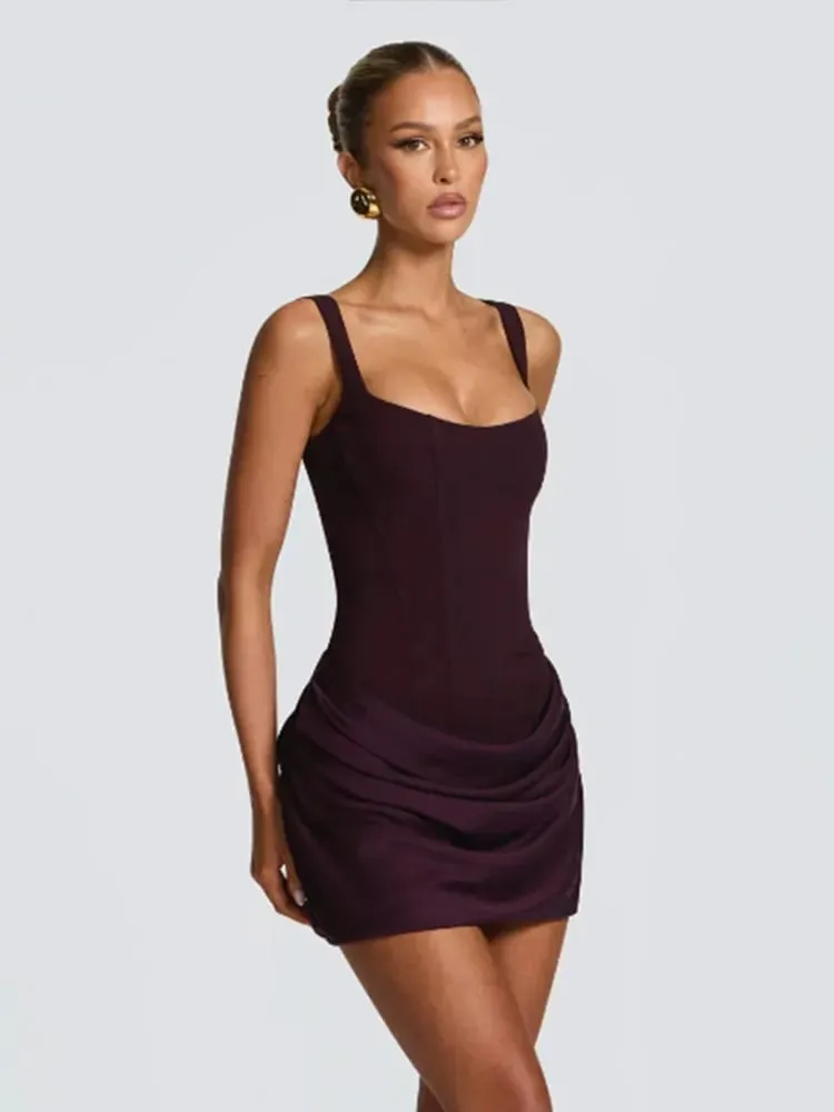 Sexy Square-neck Halter Mini Dress Women 2025 Pleated Sleeveless Backless High Waist Bodycon Dresses New Summer Lady Party Robes — image 5
