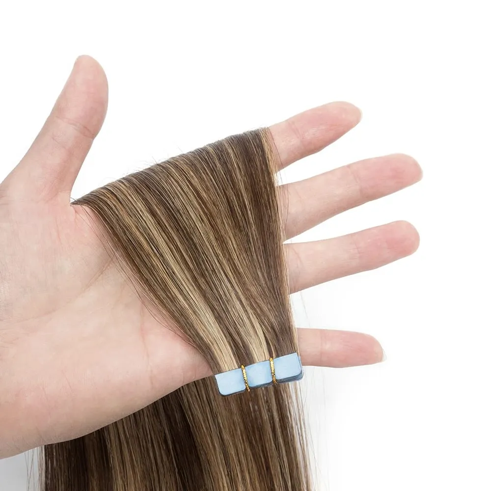 Mini Tape Hair Extensions 12-24 Inch Human Hair Extensions 3x0.8cm Invisible Tape 10pcs per Pack for Side Machine-Remy Hair