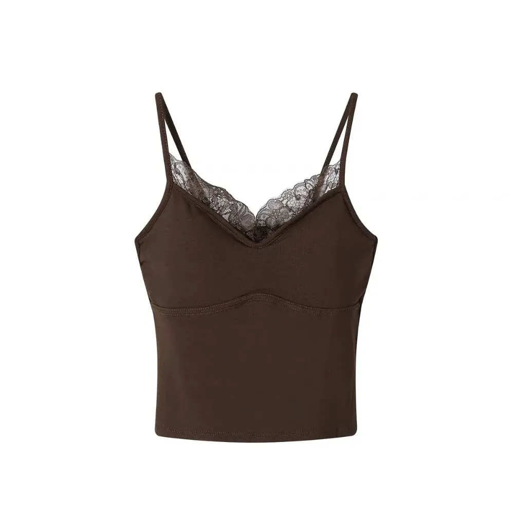 Autumn/Winter Fitted Lace-trimmed Camisole V-Neck Comfortable Slim Fit Camisole Top Soft with Padded Bra Women's Top