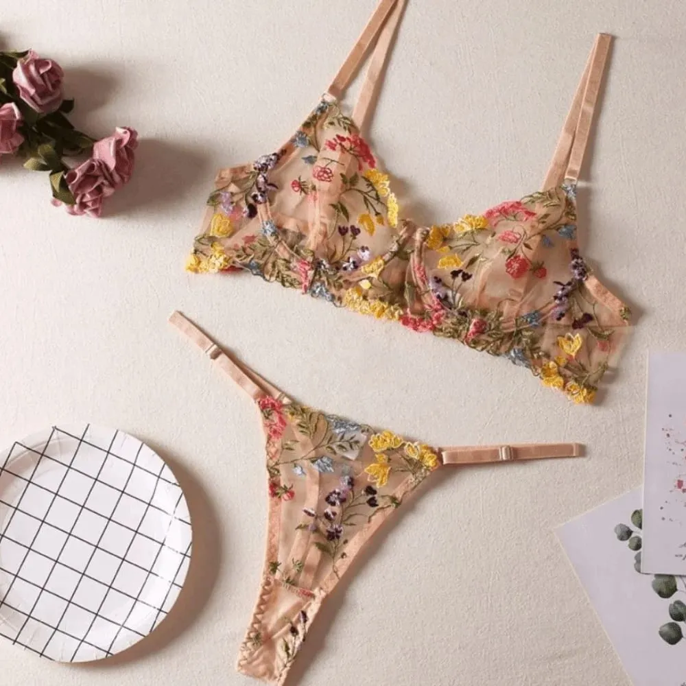 2-Piece Versatile Floral Lingerie Set Embroidery Sheer Boho Bra Panty Set Women Underwear