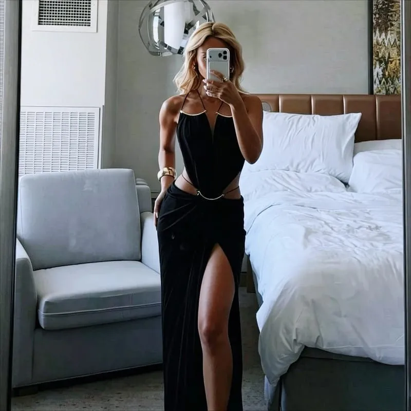 Sexy Deep V Metal Trim Spaghetti Strap Ruched Maxi Dress Cutout Crisscross Backless Slim Luxury Dresses Beach Vacation Evening — image 3