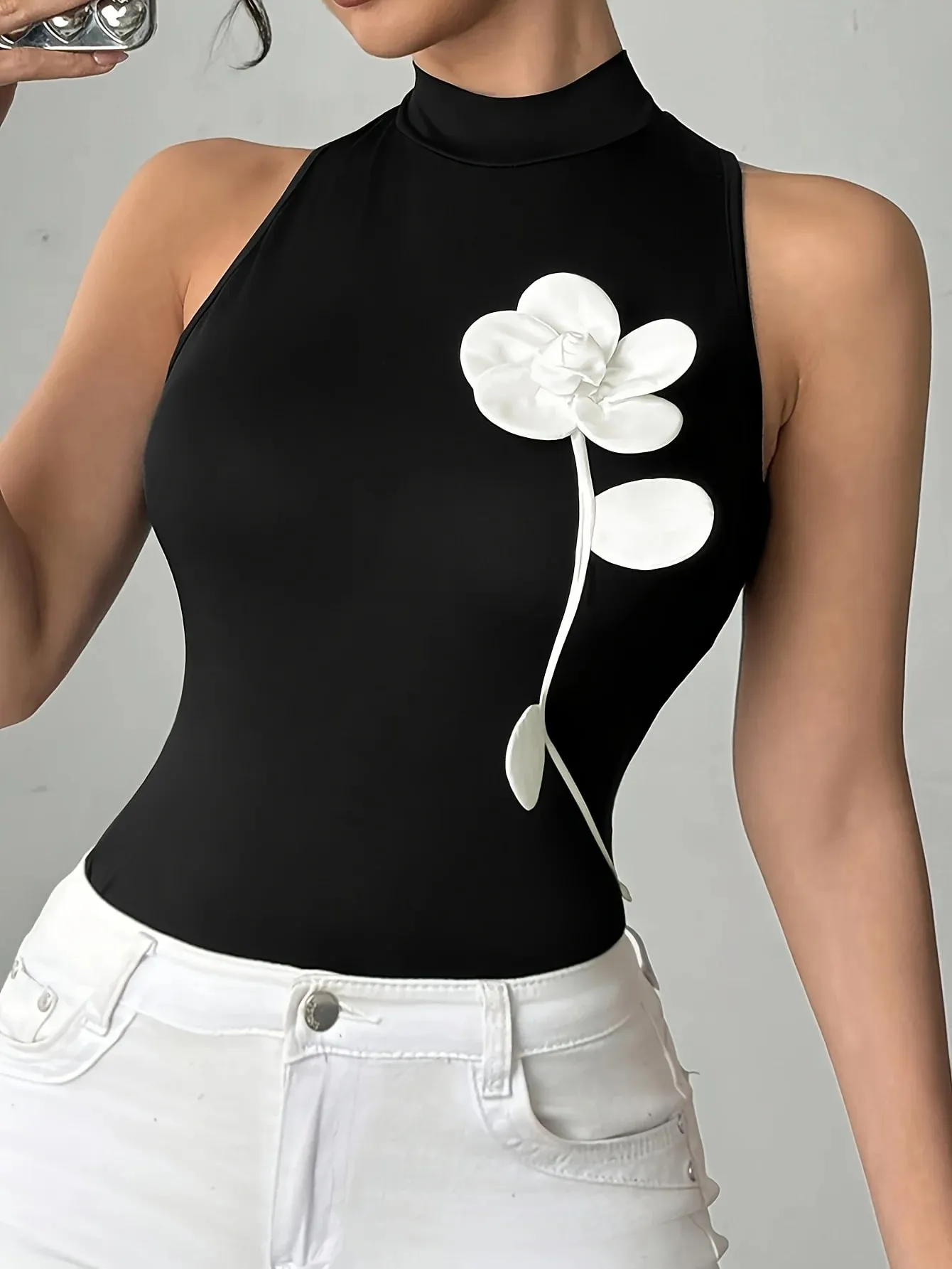 Women's High Neck Halter Bodysuit 3D White Flower Applique Sleeveless Slim Fit Black Top — image 1
