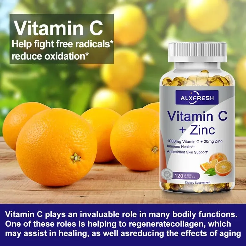 Alxfresh Vitamin C 1000 mg se zinkem 20 mg | Vitamínový doplněk stravy | Vegan bez GMO a bez lepku | pro Immune Support Caps