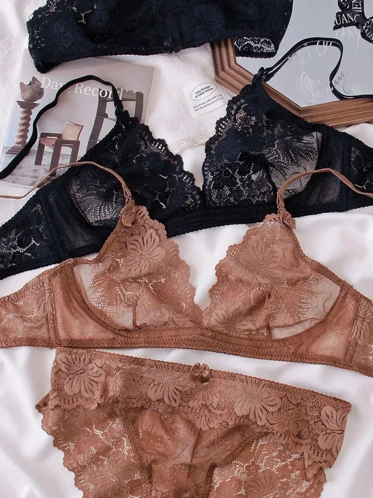 Conjunto de lingerie sexy de renda preta para mulheres conjunto confortável de sutiã e calcinha sem fio tamanho grande