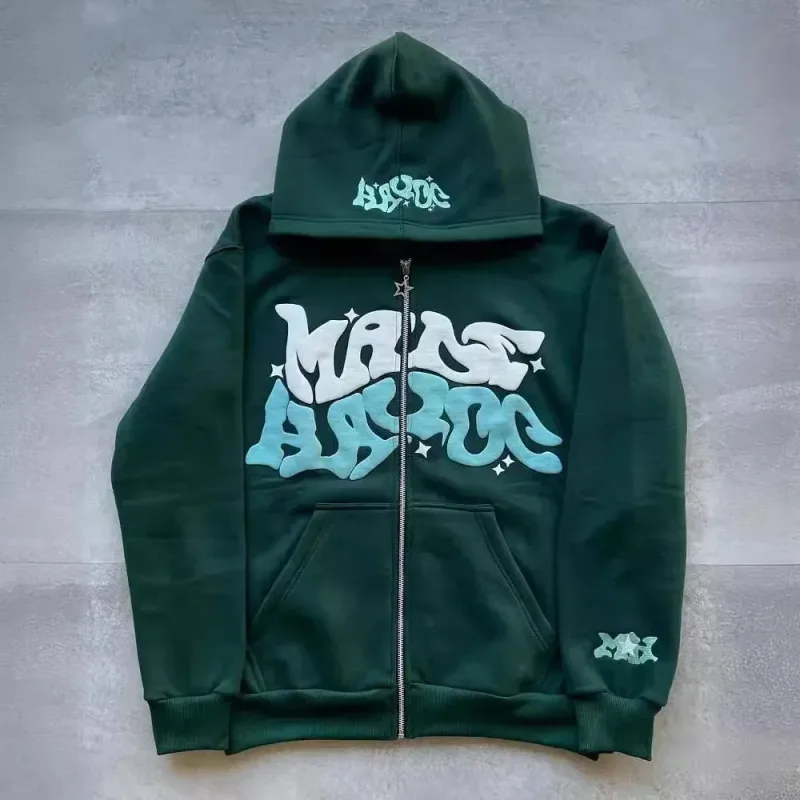 Zipper hooded sweatshirt with retro American letters suitable for men and women wearing Y2K jacket autumn/winter cardigan — image 2