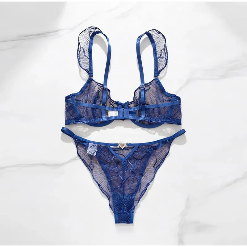 French Lace Bra and Panty Set Embroidered Mesh Sheer Lingerie with Spaghetti Straps Ripple Pattern for Spring Summer Women Wear — image 5