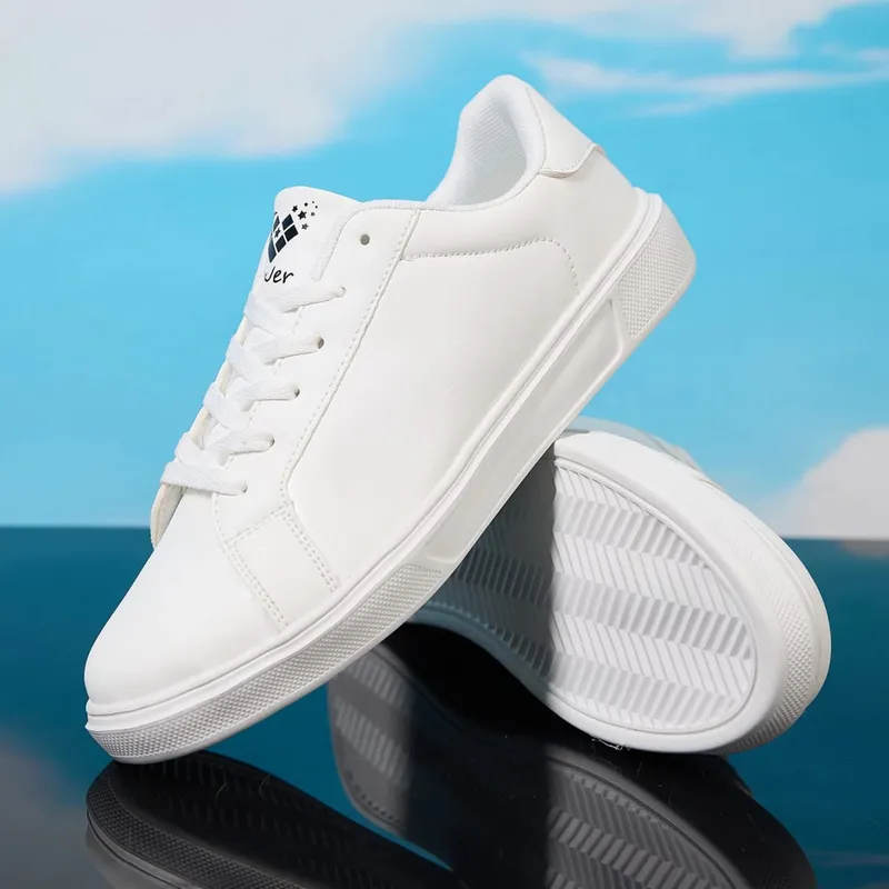 Men's White/Black Casual Leather Sneakers Low Top Lace-Up Skate Shoes Comfortable Walking Footwear — image 4