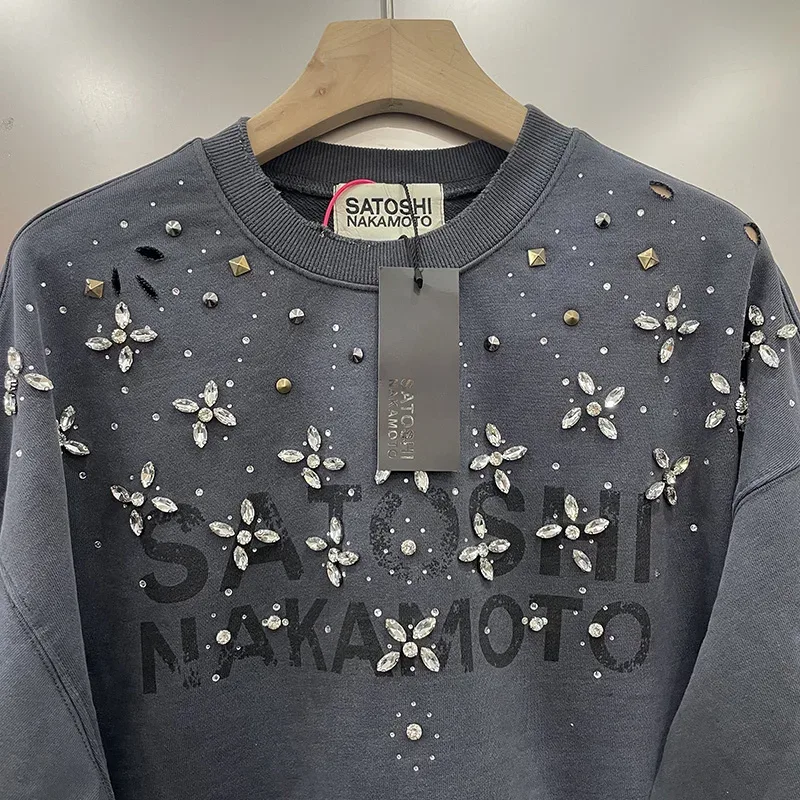 26FW Heavy Fabric Cotton Loose Rhinestone Rivet Satoshi Nakamoto Sweatshirts Men Women Vintage Charcoal Gray Green Pullovers — image 6